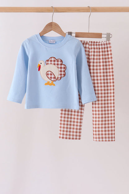 Blue Turkey Appliqué Gingham Pants Set