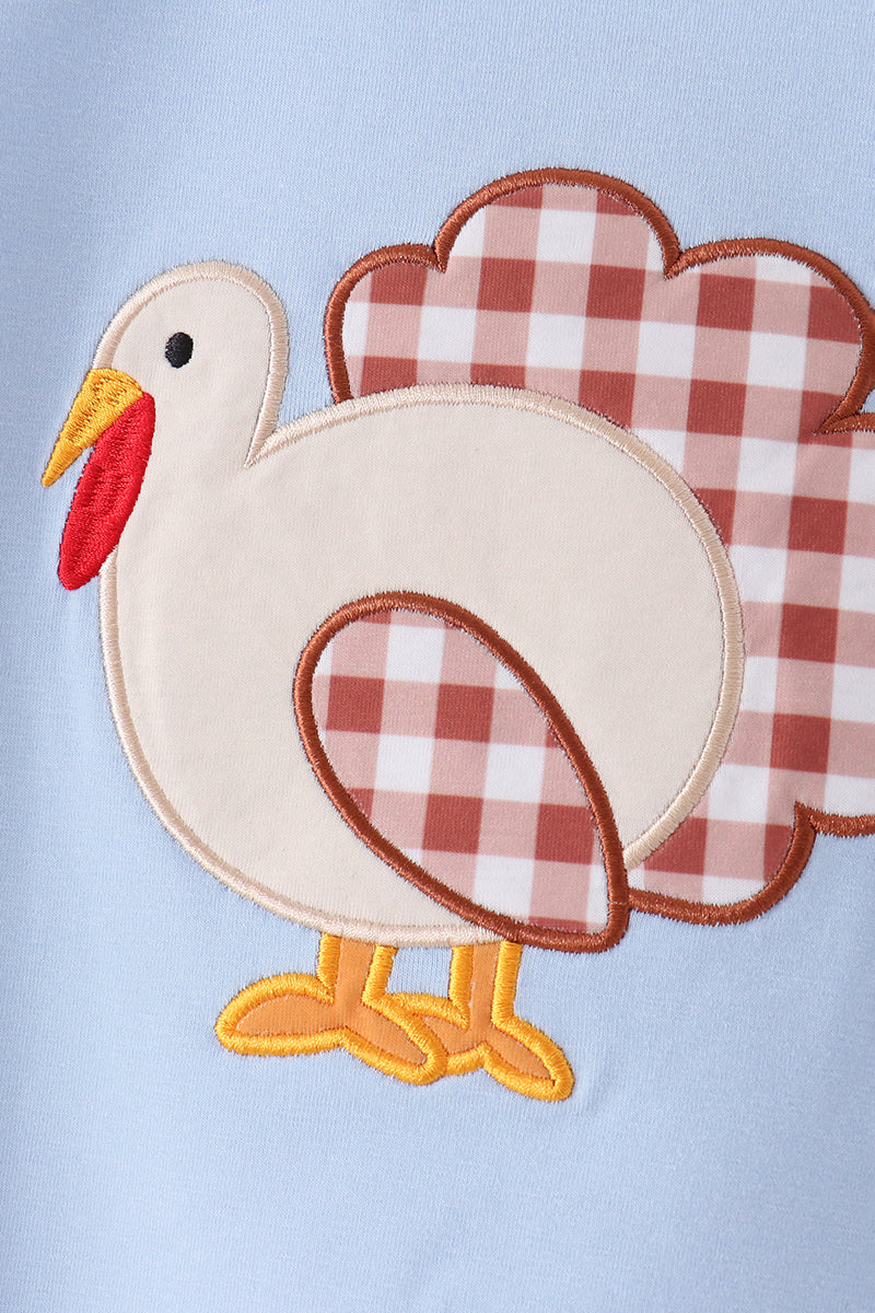 Blue Turkey Appliqué Gingham Pants Set