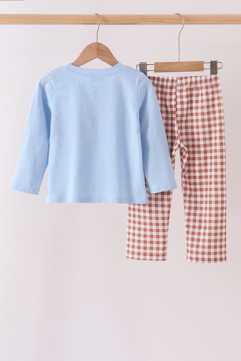 Blue Turkey Appliqué Gingham Pants Set
