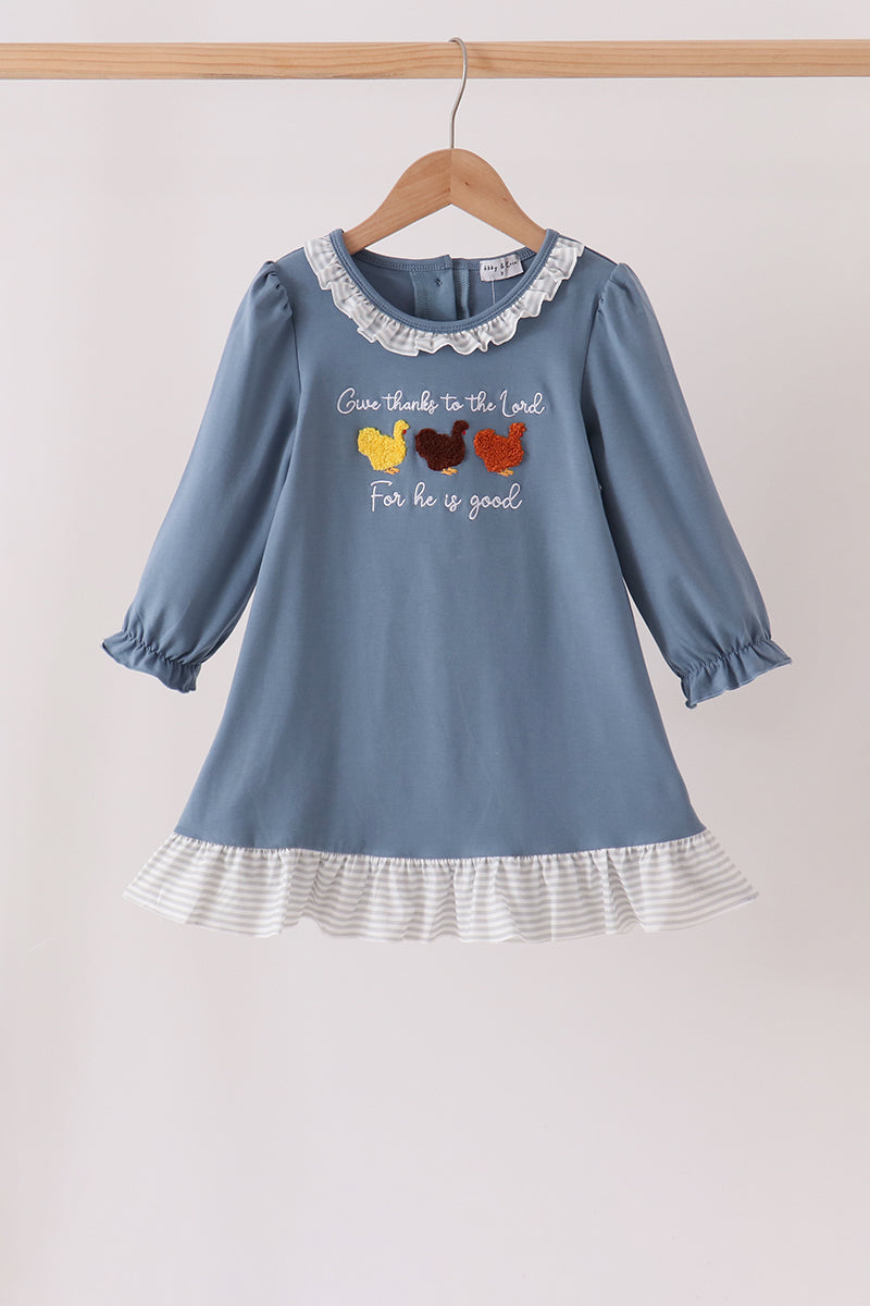 Teal Turkey French Knot Ruffle Dress