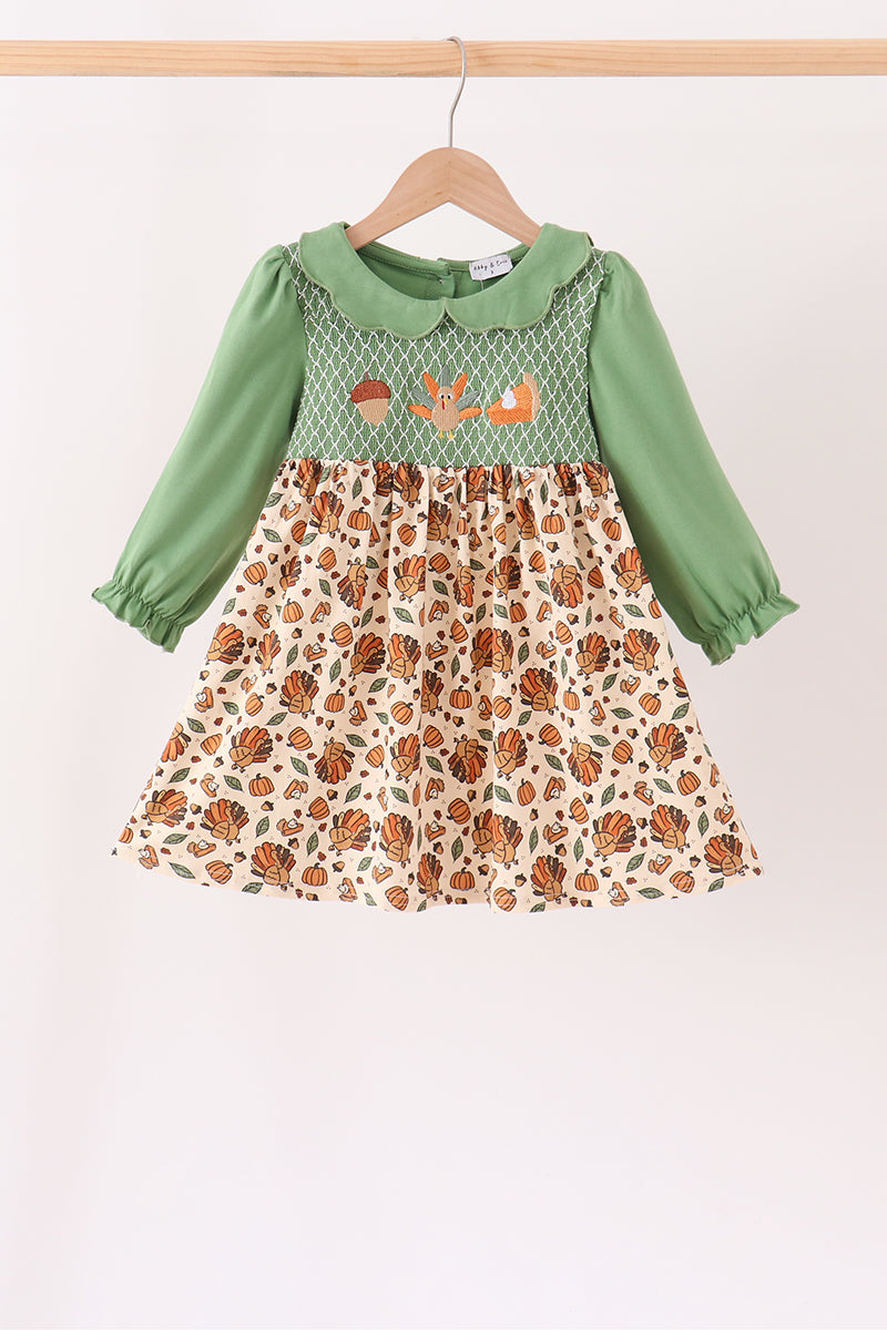 Green Pumpkin Turkey Smocked Dress