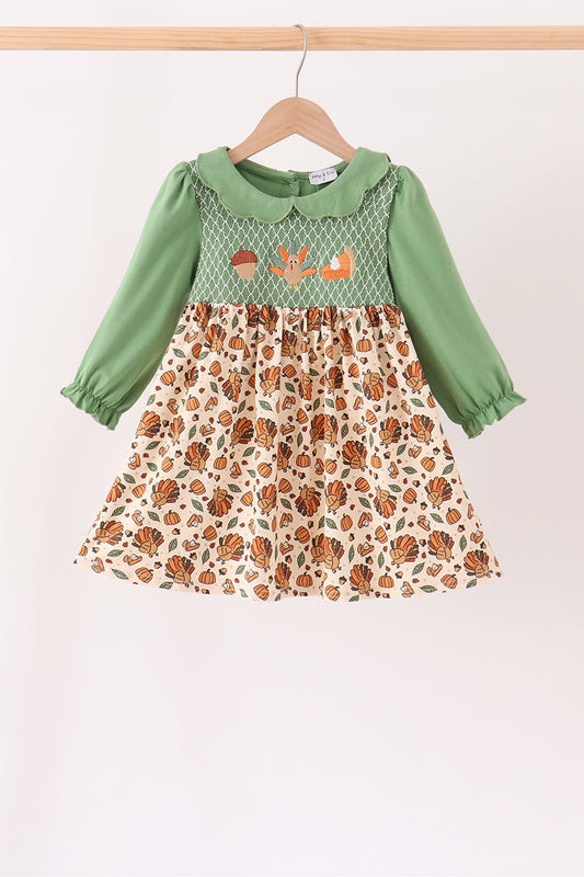 Green Pumpkin Turkey Smocked Dress