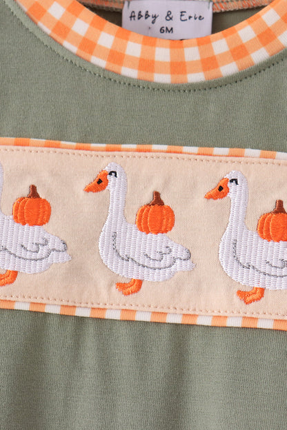 Green Goose Pumpkin Embroidery Romper