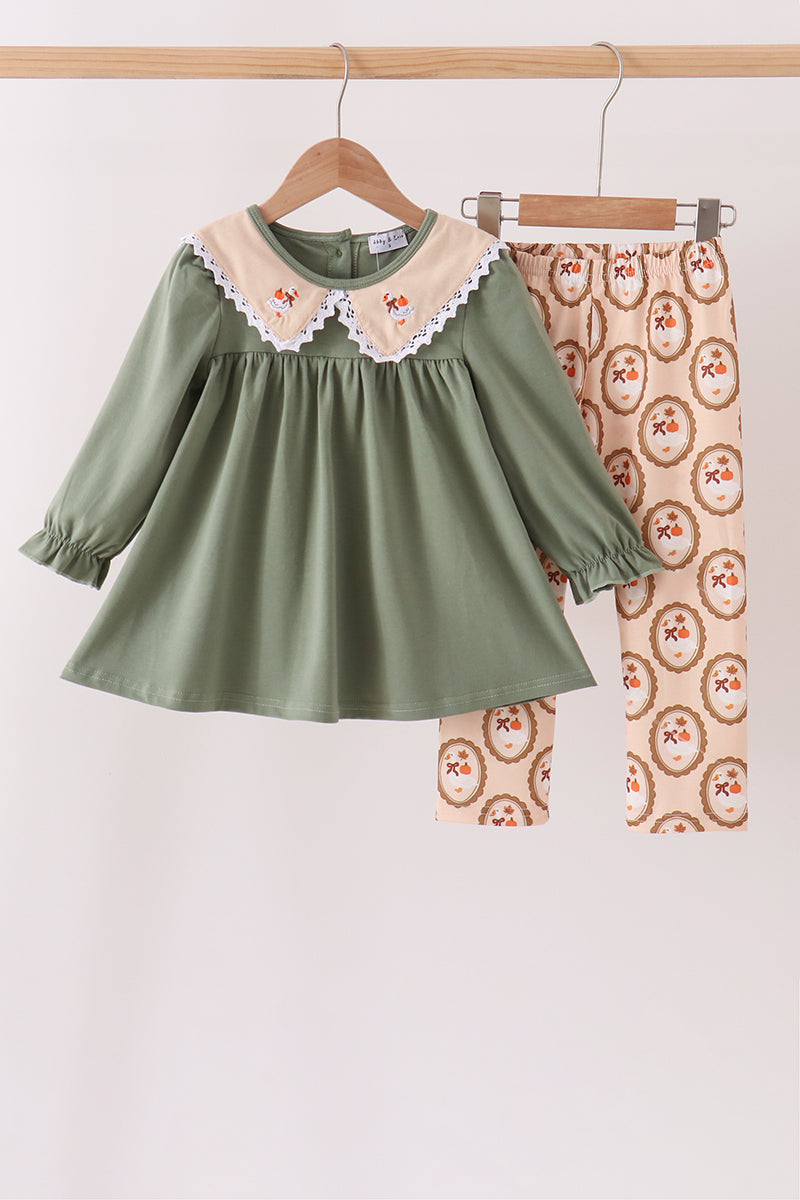 Green Goose Pumpkin Embroidery Pants Set