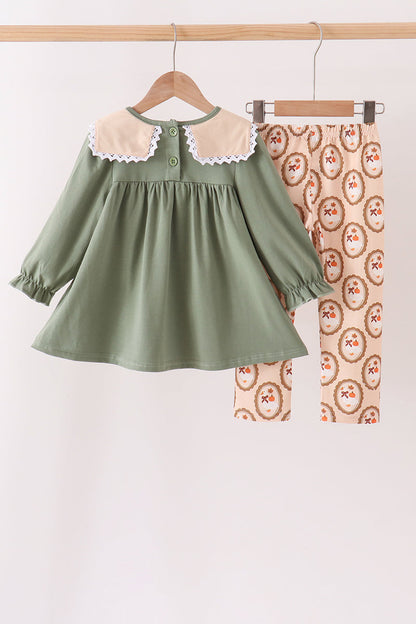 Green Goose Pumpkin Embroidery Pants Set