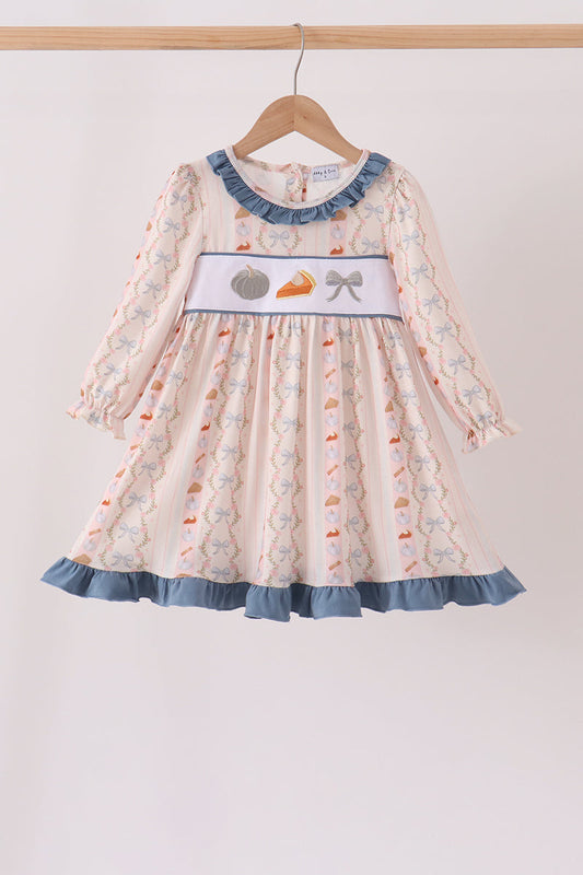 Pumpkin Pie Bow Embroidery Ruffle Dress
