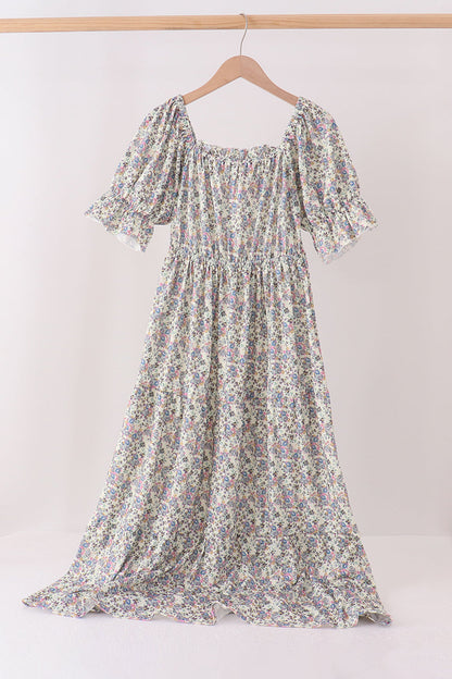 Blue Floral Smocked Mom Dress