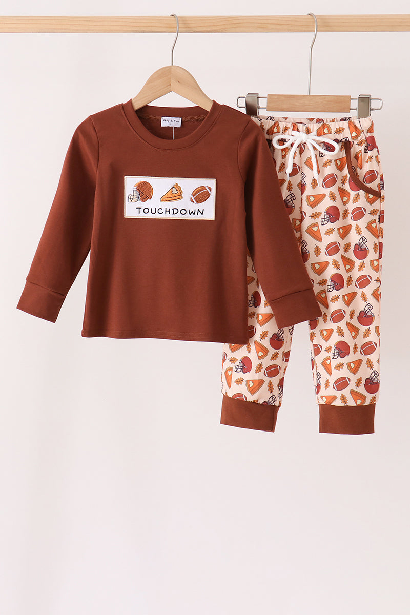 Brown Touchdown Football Embroidery Pants Set