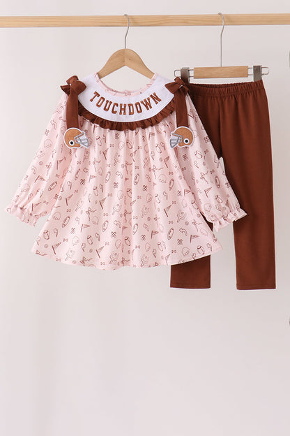 Brown Touchdown Football Embroidery Ruffle Pants Set
