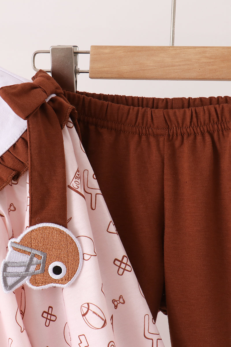 Brown Touchdown Football Embroidery Ruffle Pants Set