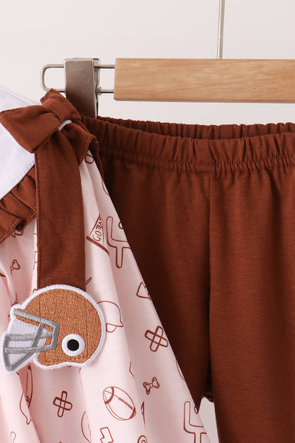 Brown Touchdown Football Embroidery Ruffle Pants Set
