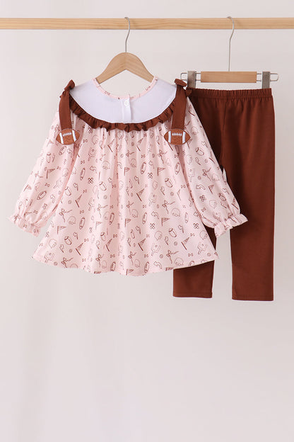 Brown Touchdown Football Embroidery Ruffle Pants Set