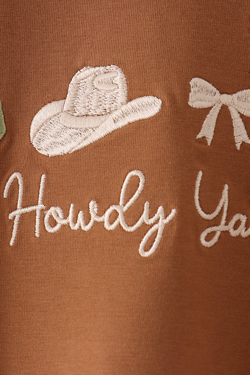 Brown Howdy Y'ALL Western Embroidery Ruffle Bubble