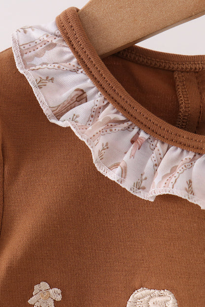 Brown Howdy Y'ALL Western Embroidery Ruffle Bubble