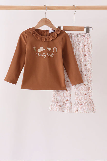 Brown Howdy Y'ALL Western Embroidery Ruffle Pants Set