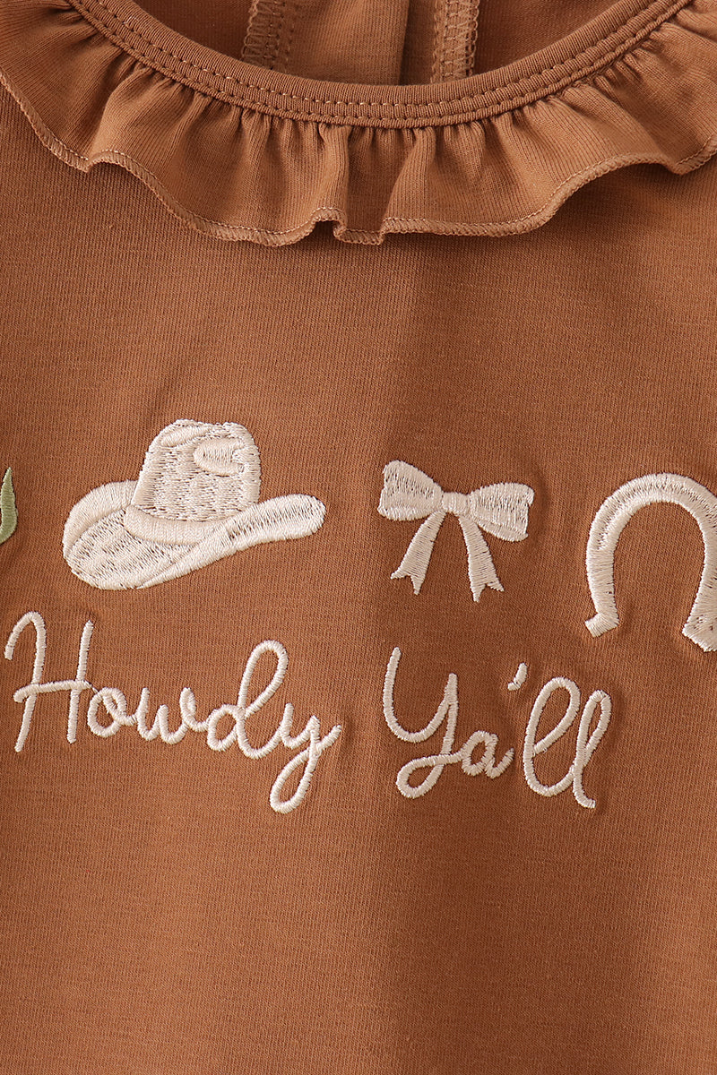 Brown Howdy Y'ALL Western Embroidery Ruffle Pants Set