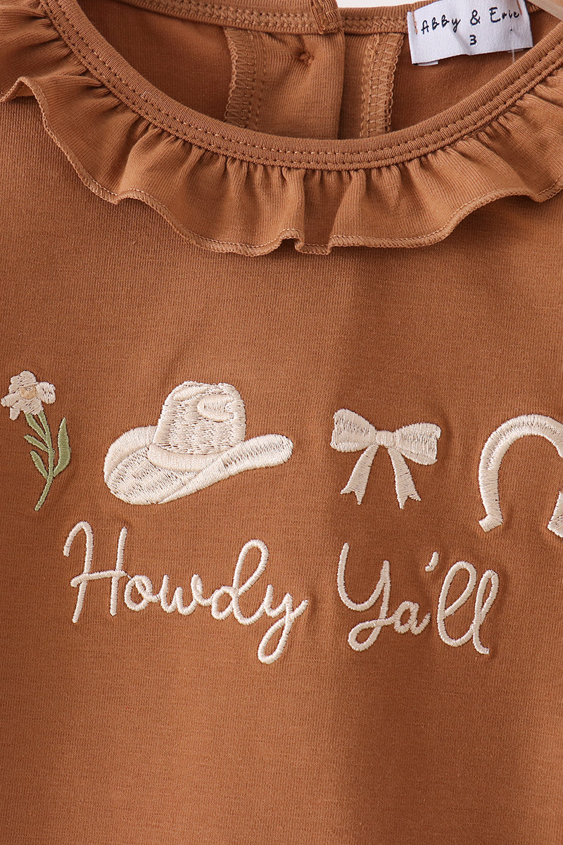 Brown Howdy Y'ALL Western Embroidery Ruffle Pants Set