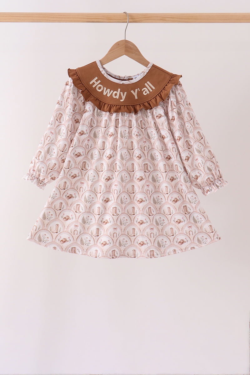 Brown Howdy Y'ALL Embroidery Ruffle Dress