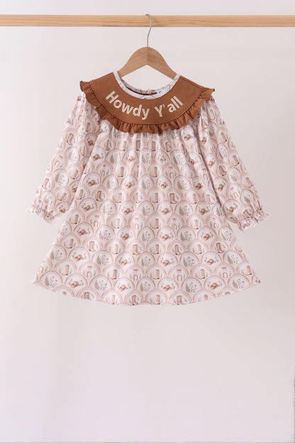 Brown Howdy Y'ALL Embroidery Ruffle Dress