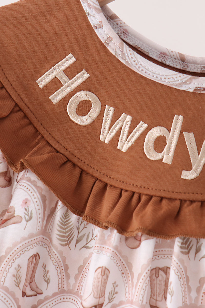 Brown Howdy Y'ALL Embroidery Ruffle Dress