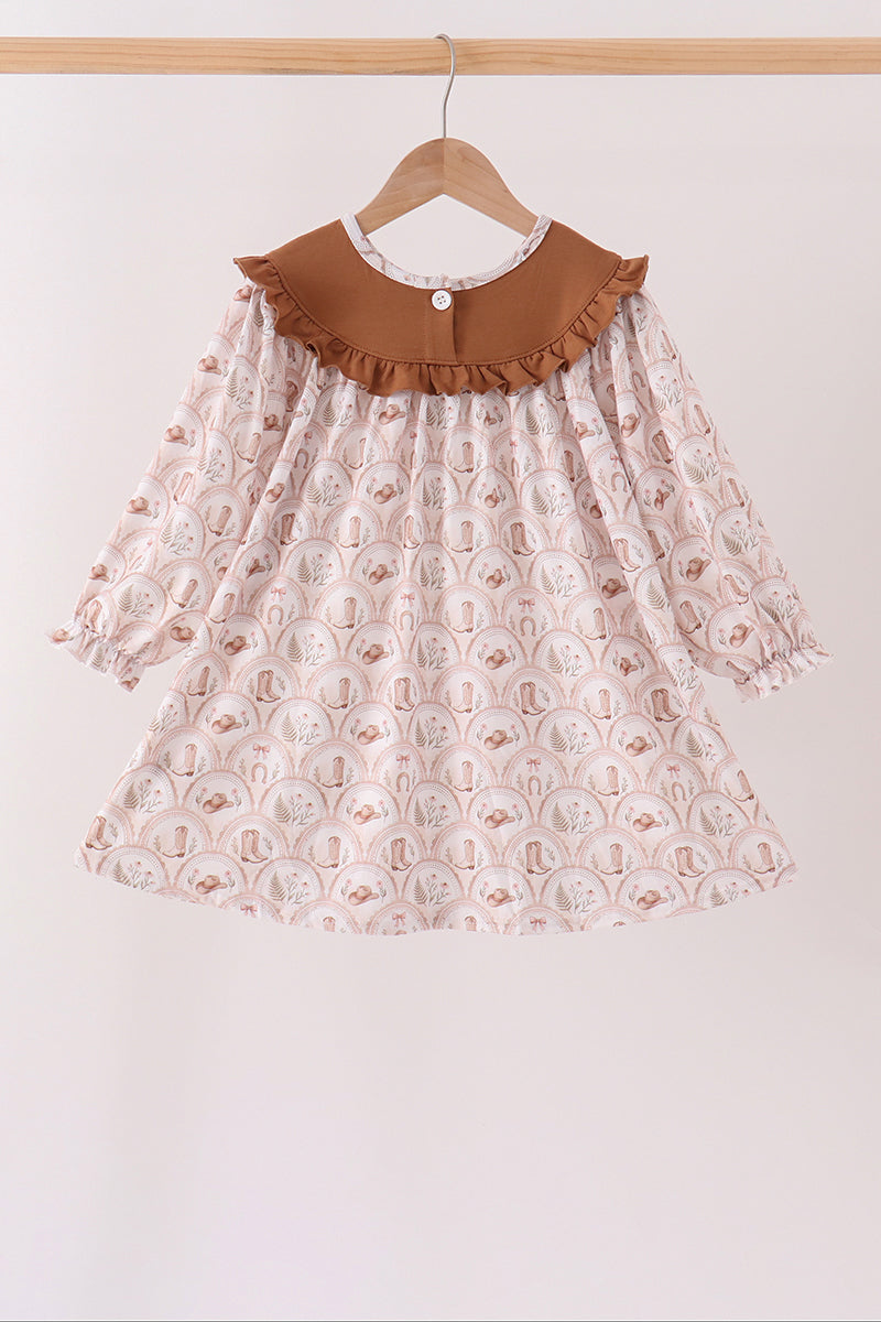 Brown Howdy Y'ALL Embroidery Ruffle Dress