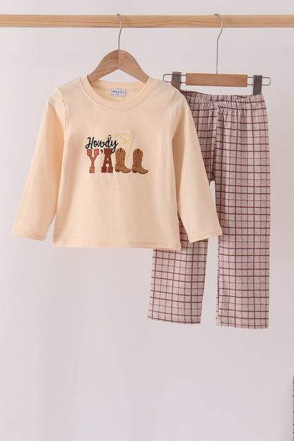 Brown Howdy Y'ALL Boots Embroidery Plaid Pants Set