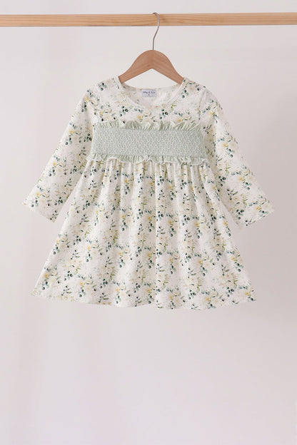 Sage Floral Smocked Ruffle Dress