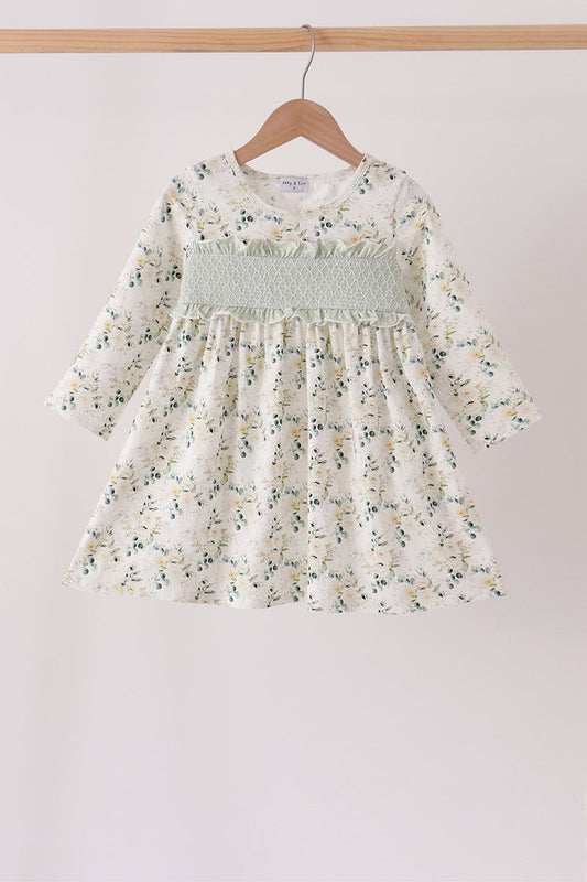 Sage Floral Smocked Ruffle Dress