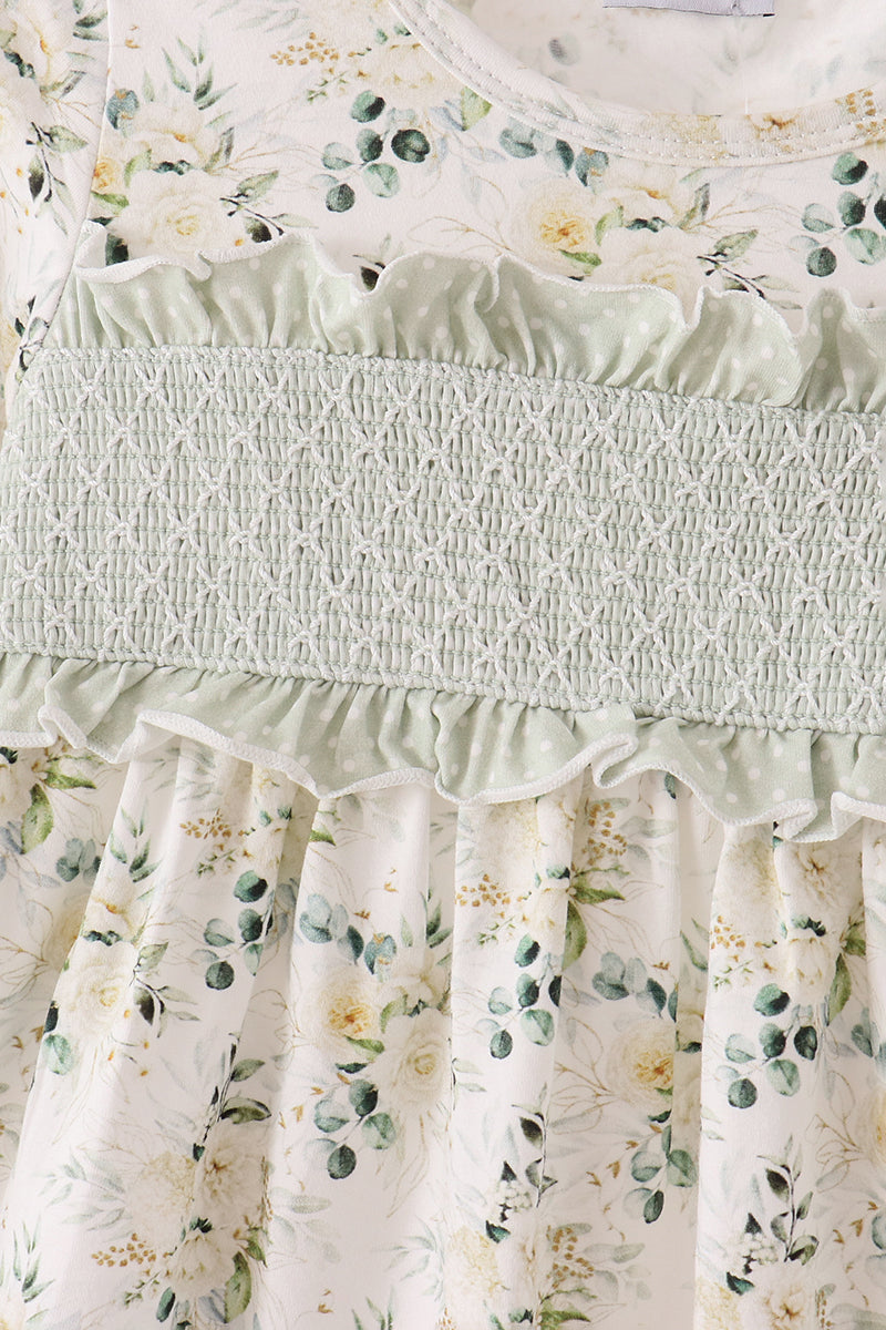 Sage Floral Smocked Ruffle Dress