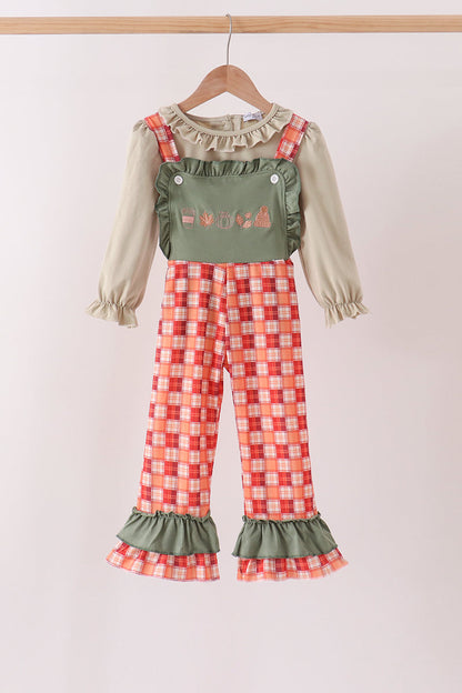 Green Pumpkin Embroidery 2-Piece Jumpsuit Set