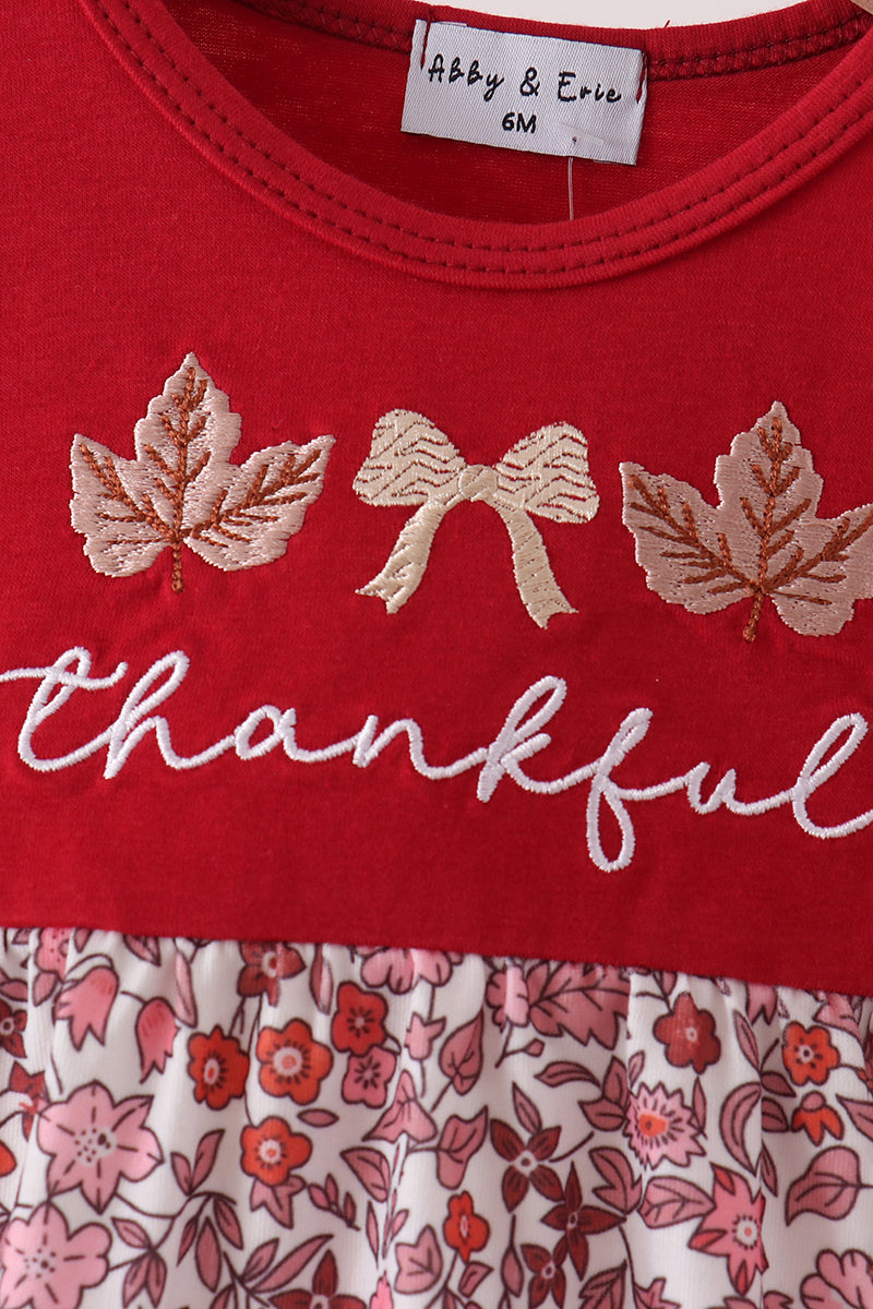 Maroon Thankful Floral Leaves Embroidery Bubble