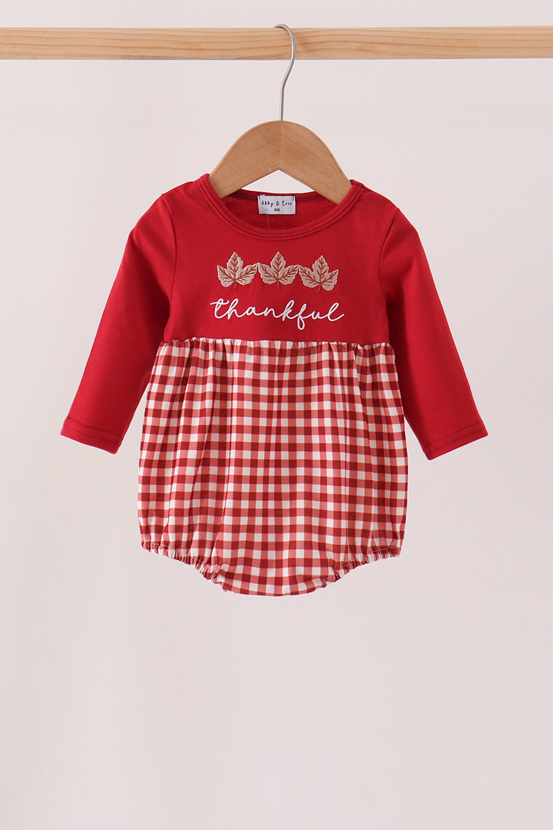 Maroon Thankful Leaves Embroidery Gingham Bubble