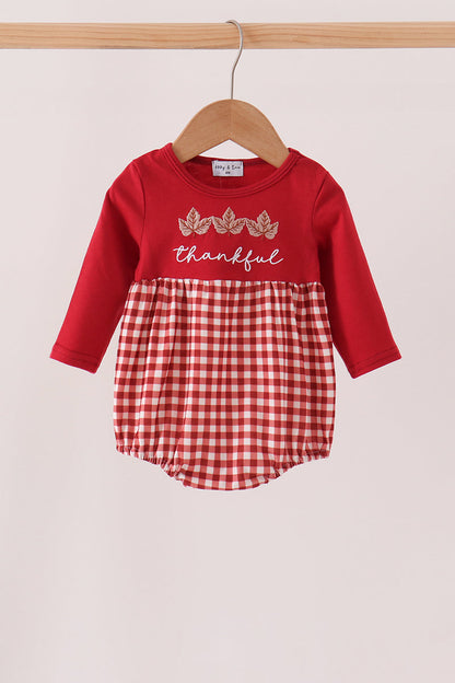 Maroon Thankful Leaves Embroidery Gingham Bubble