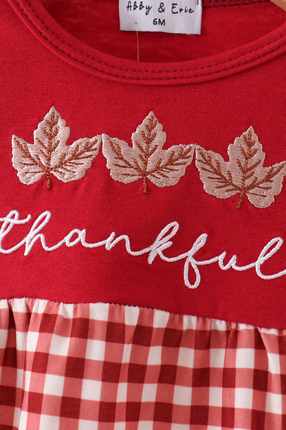 Maroon Thankful Leaves Embroidery Gingham Bubble