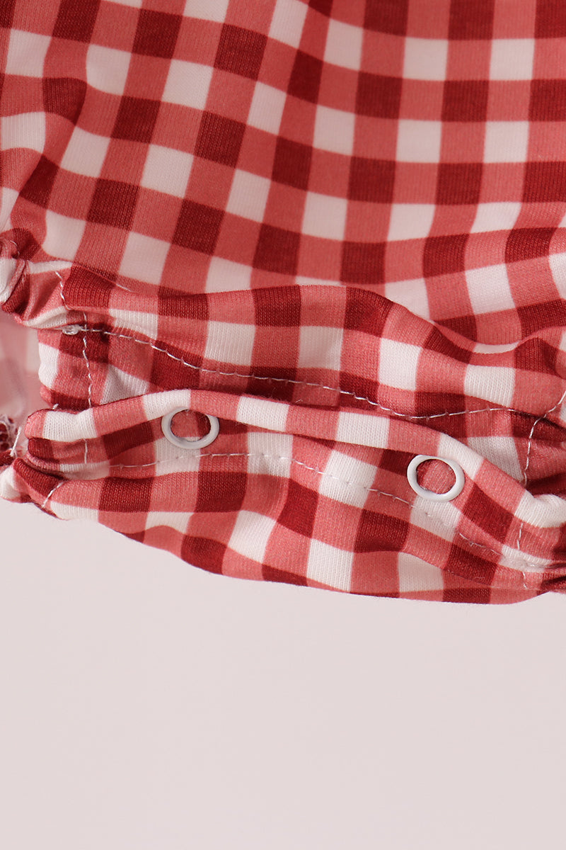 Maroon Thankful Leaves Embroidery Gingham Bubble