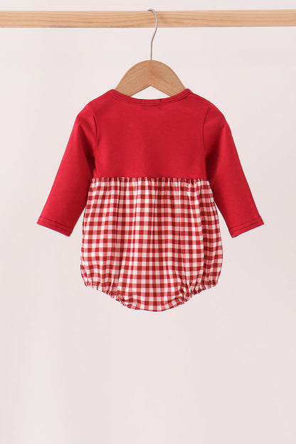Maroon Thankful Leaves Embroidery Gingham Bubble