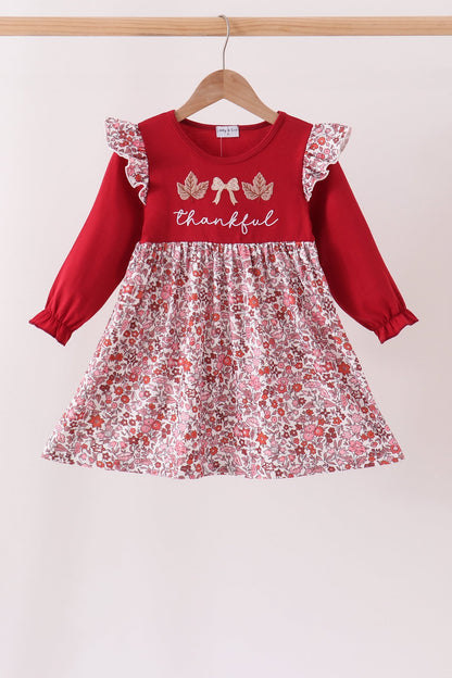 Maroon Thankful Leaves Floral Embroidery Dress