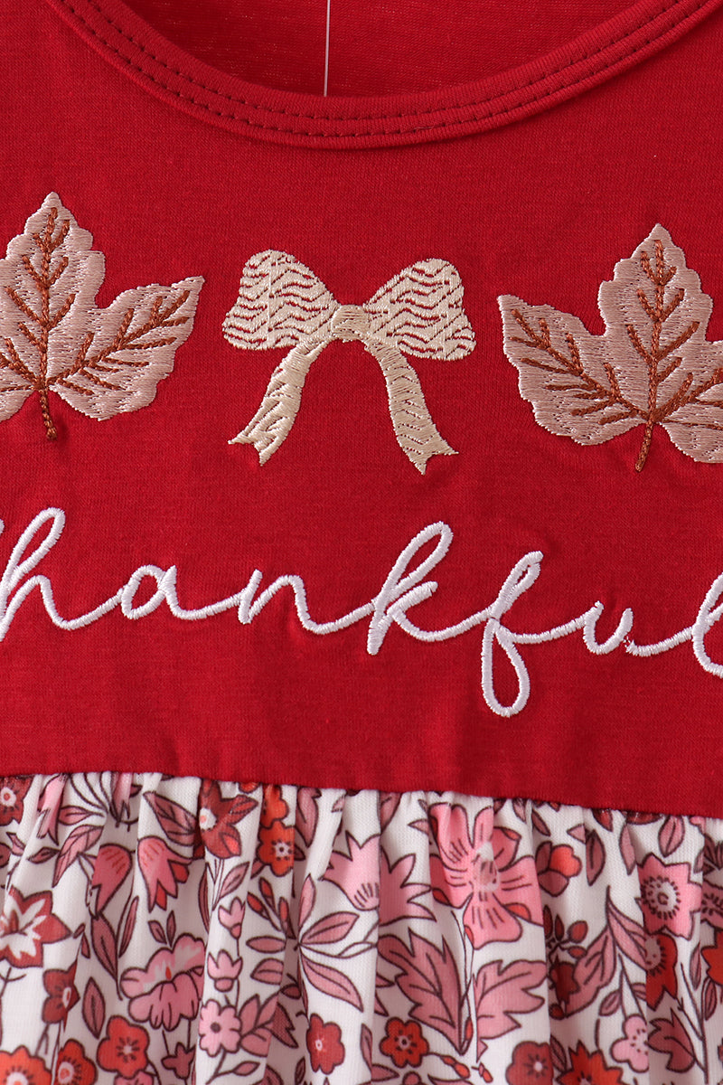 Maroon Thankful Leaves Floral Embroidery Dress