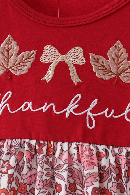 Maroon Thankful Leaves Floral Embroidery Dress