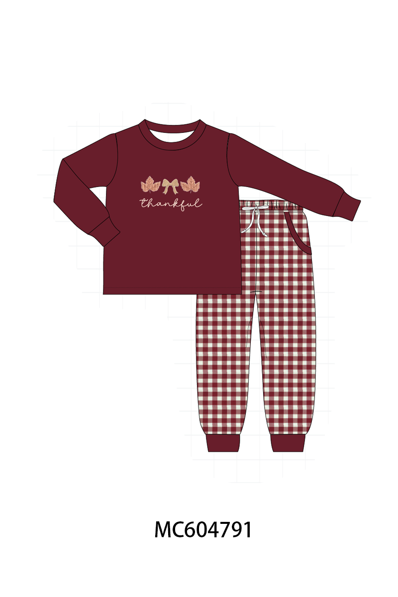 Maroon Thankful Leaves Embroidery Gingham Pants Set