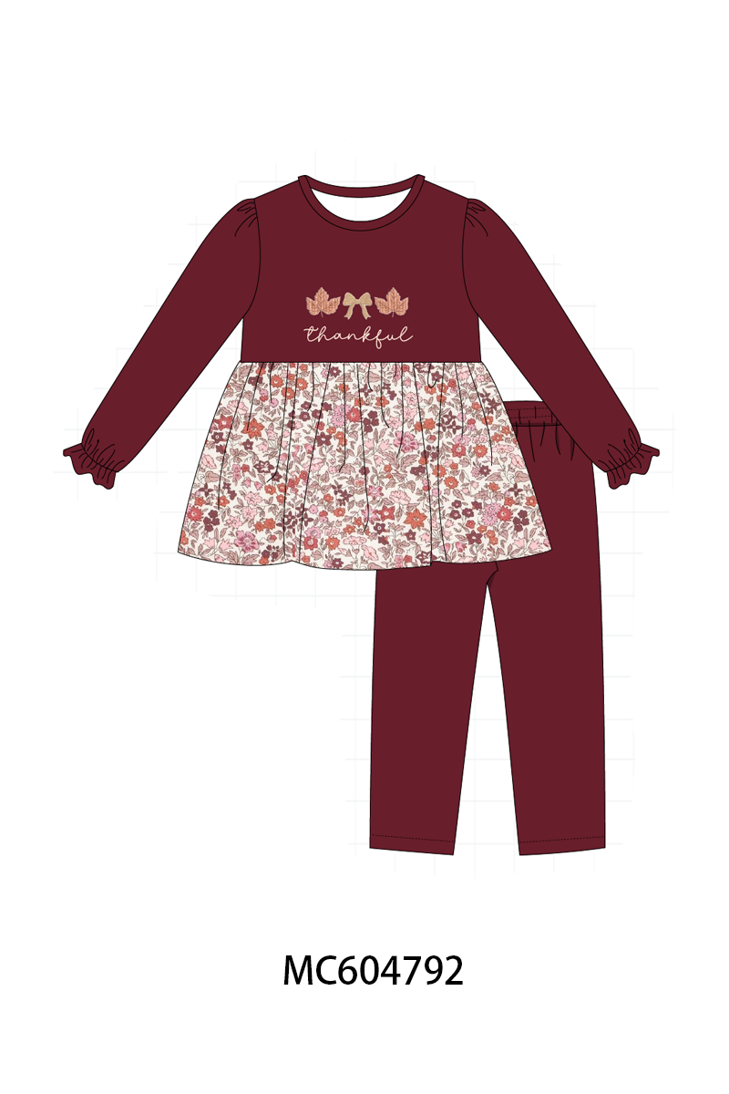 Maroon Thankful Floral Leaves Embroidery Pants Set