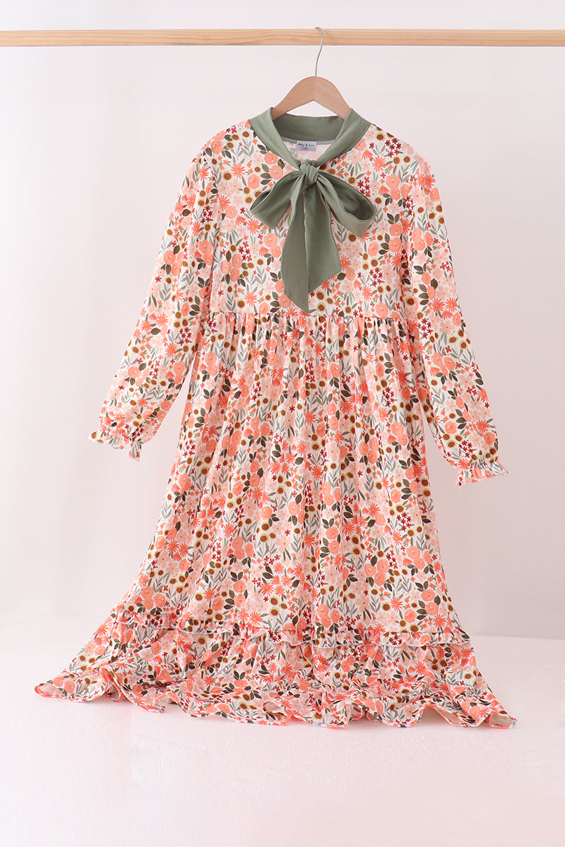 Green Floral Bow Ruffle Mom & Me Dress