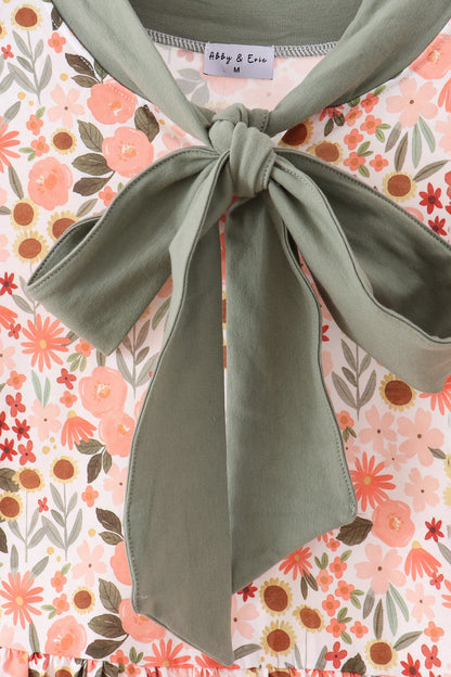 Green Floral Bow Ruffle Mom & Me Dress