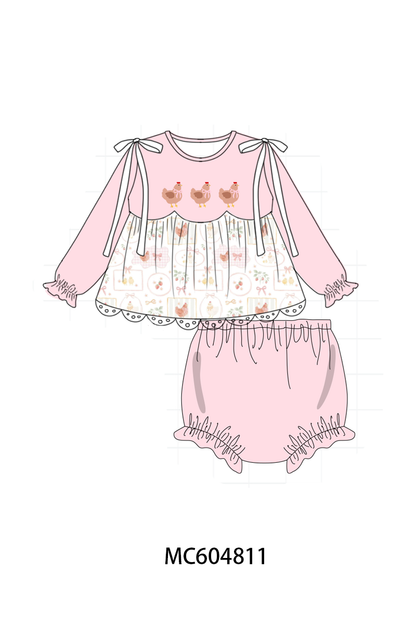 Pink Chicken Embroidery Bloomer Set
