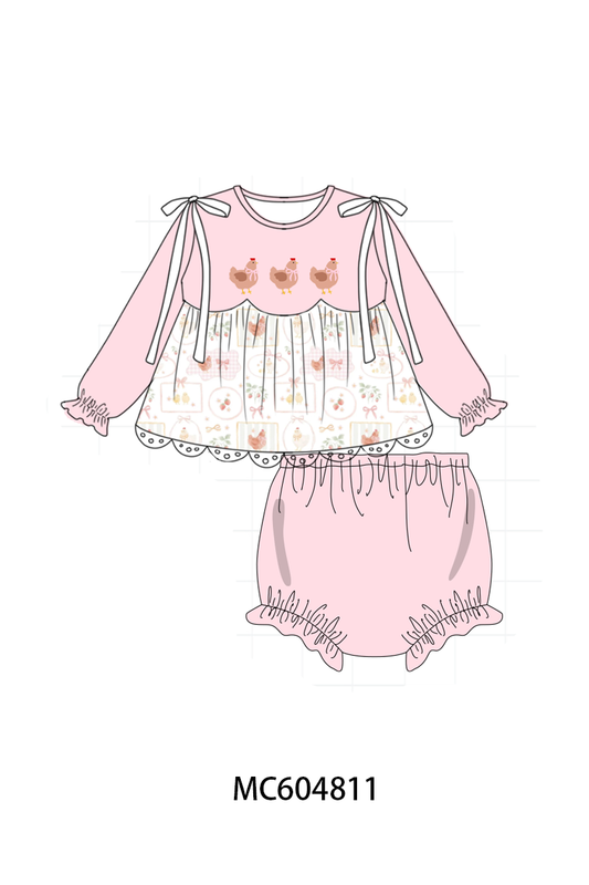 Pink Chicken Embroidery Bloomer Set