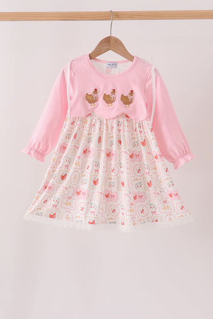 Pink Chicken Embroidery Dress