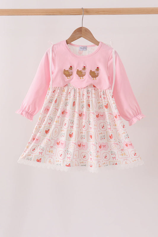 Pink Chicken Embroidery Dress