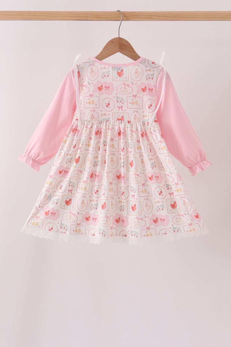 Pink Chicken Embroidery Dress