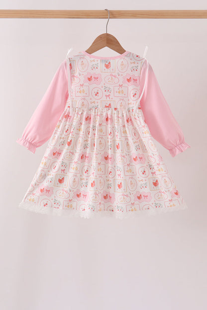 Pink Chicken Embroidery Dress