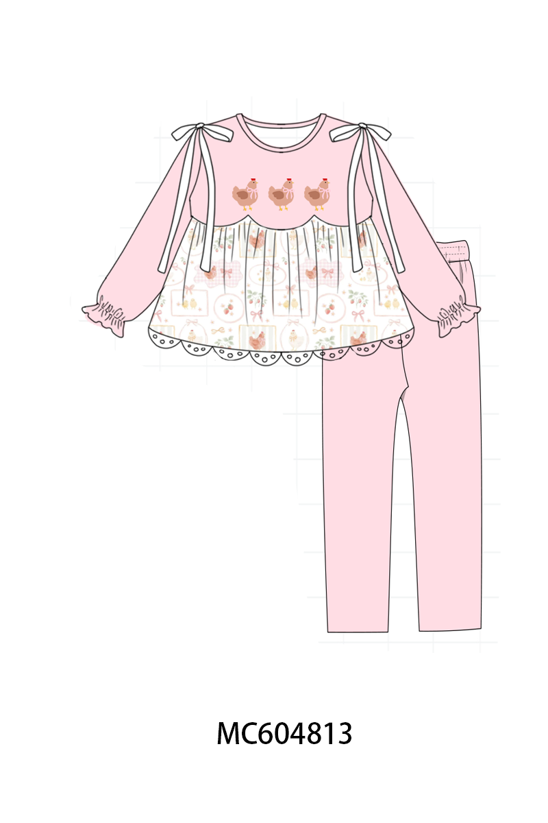 Pink Chicken Embroidery Pants Set